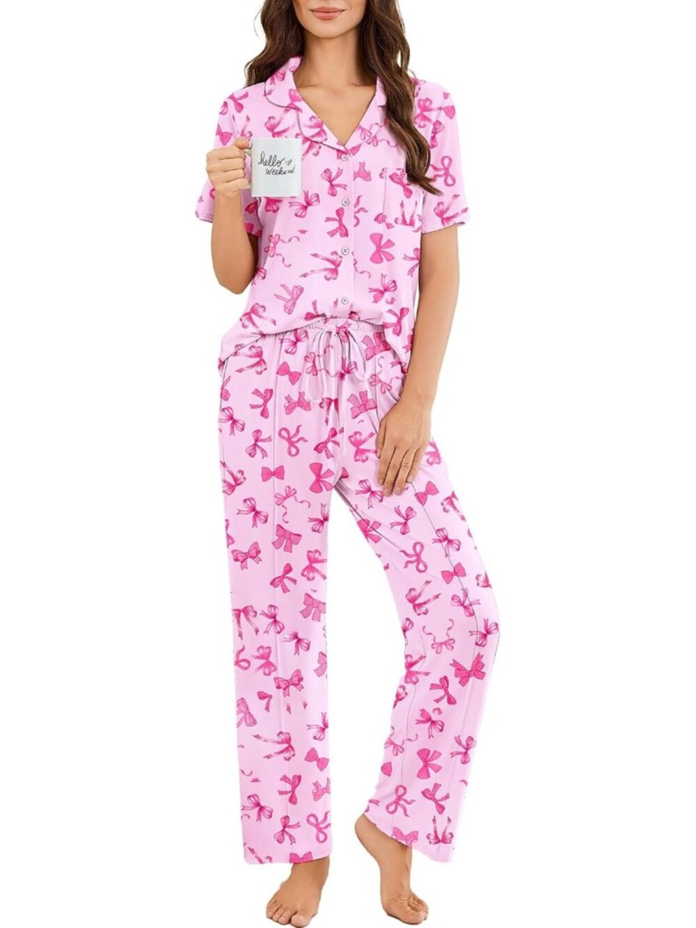 Women Pink Bow Button Up Short Sleeve Shirt Sleepwear Pajamas Set